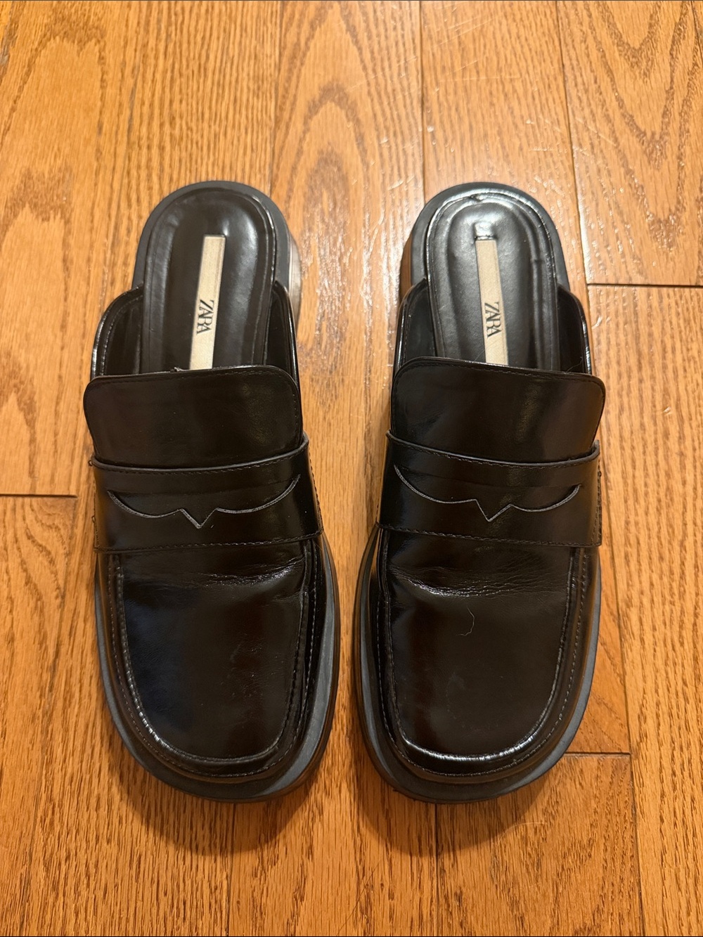 Zara Black Leather Backless Penny Loafers for Women